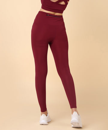 Solid Leggings with Back Zipper Pocket - Maroon